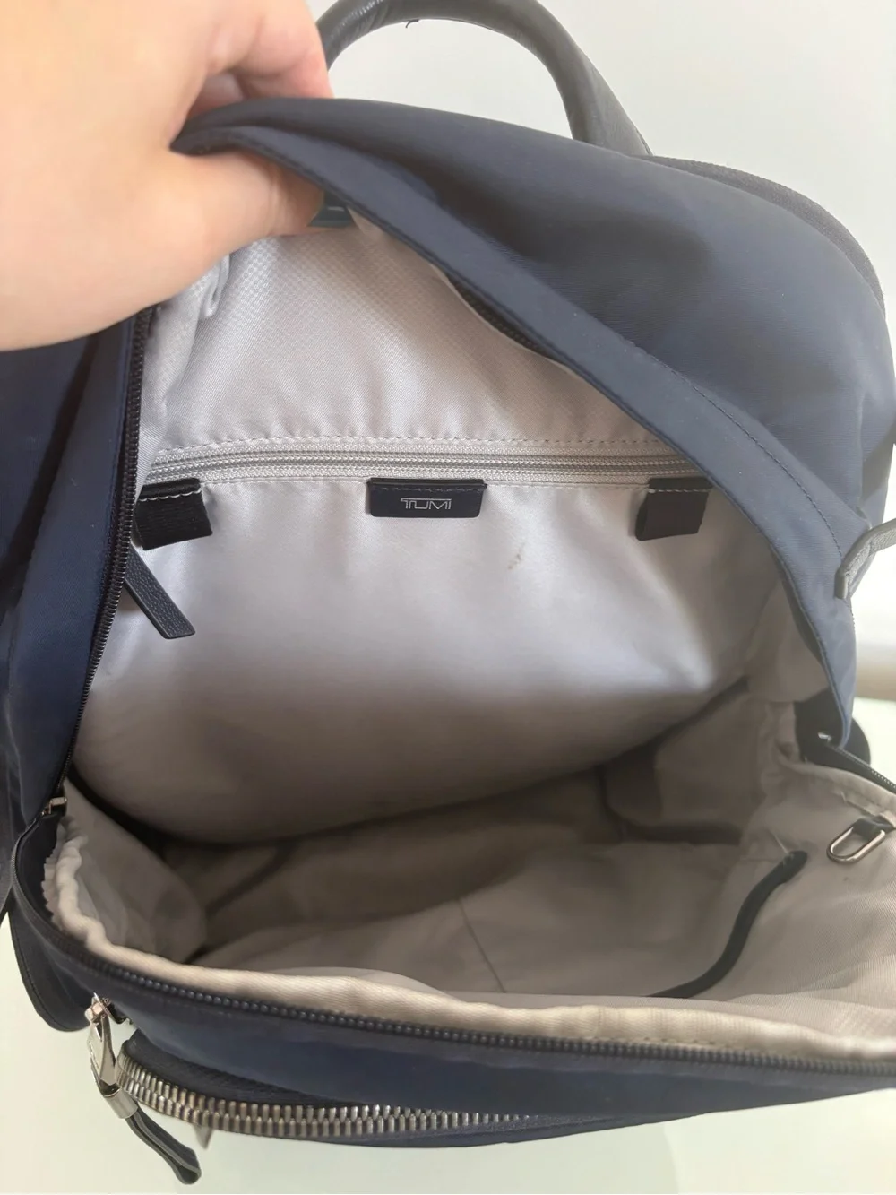 Tumi Navy Blue Men's Backpack with Silver Hardware